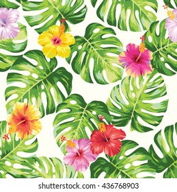 Tropical seamless pattern with palm leaves and flowers. Vector illustration.