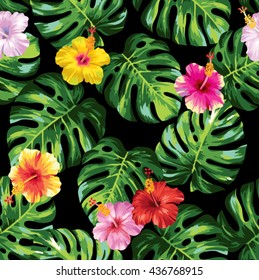 Tropical seamless pattern with palm leaves and flowers. Vector illustration.