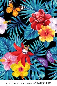 Tropical seamless pattern with palm leaves, flowers and butterflies. Vector illustration.