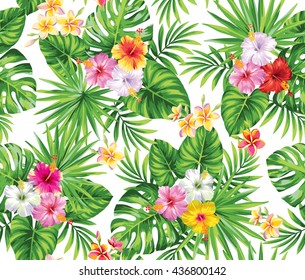 Tropical seamless pattern with palm leaves and flowers. Vector illustration.