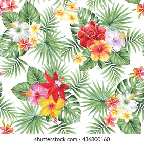 Tropical seamless pattern with palm leaves and flowers. Vector illustration.