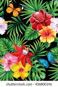 Tropical seamless pattern with palm leaves, flowers and butterflies. Vector illustration.