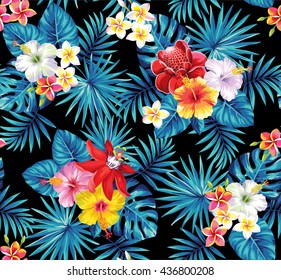 Tropical seamless pattern with palm leaves and flowers. Vector illustration.