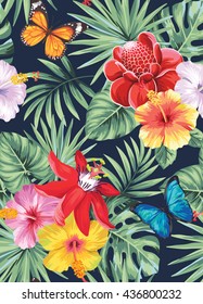 Patrón tropical sin fisuras con hojas de palma, flores y mariposas. Ilustración vectorial.