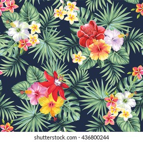 Tropical Seamless Pattern With Palm Leaves And Flowers. Vector Illustration.