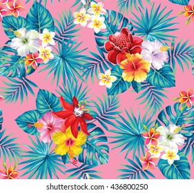 Tropical seamless pattern with palm leaves and flowers. Vector illustration.