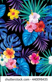 Tropisches nahtloses Muster mit Palmblättern und Blumen.  Vektorgrafik.