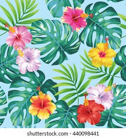 Patrón tropical sin costuras con hojas de palma y flores. Ilustración vectorial.
