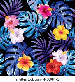 Tropical seamless pattern with palm leaves and flowers. Vector illustration.