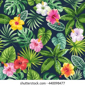 Tropical seamless pattern with palm leaves and flowers. Vector illustration.