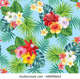 Tropical seamless pattern with palm leaves and flowers. Vector illustration.