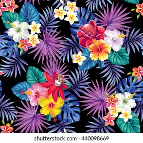 Tropical seamless pattern with palm leaves and flowers. Vector illustration.