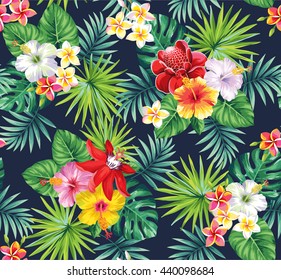 Tropical seamless pattern with palm leaves and flowers. Vector illustration.