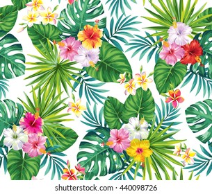 Tropical seamless pattern with palm leaves and flowers. Vector illustration.