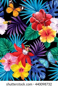 Tropical seamless pattern with palm leaves, flowers and butterflies. Vector illustration.