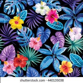 Tropical seamless pattern with palm leaves and flowers. Vector illustration.