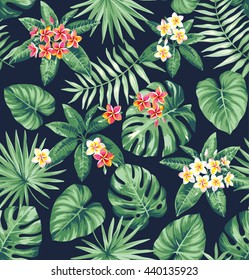 Tropical seamless pattern with palm leaves and flowers. Vector illustration.