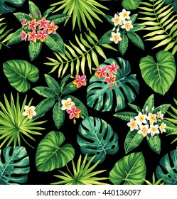 Tropical seamless pattern with palm leaves and flowers. Vector illustration.