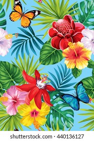 Tropical seamless pattern with palm leaves, flowers and butterflies. Vector illustration.