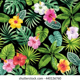 Tropical seamless pattern with palm leaves and flowers. Vector illustration.