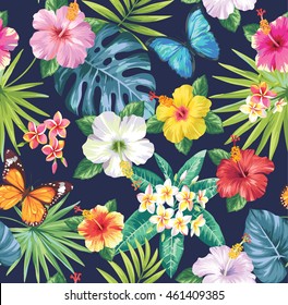 Tropical seamless pattern with palm leaves, flowers and butterflies. Vector illustration.