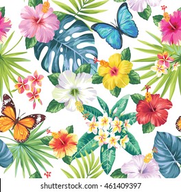 Tropical seamless pattern with palm leaves, flowers and butterflies. Vector illustration.