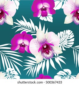 Tropical seamless pattern with palm leaves and flowers. Vector illustration.