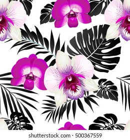Tropical seamless pattern with palm leaves and flowers. Vector illustration.