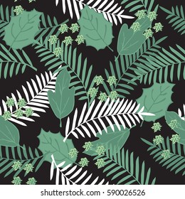 Tropical seamless pattern with palm leaves and flowers. 