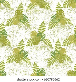 Tropical seamless pattern with palm leaves and monstera Vector illustration Summer background for printing on fabric, paper, stationery, upholstery, textiles, bedding,  apparel Vintage retro style