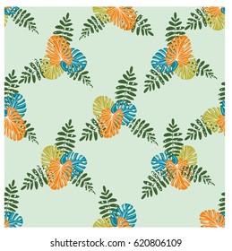 Tropical seamless pattern with palm leaves and monstera. Vector illustration. Summer background for printing on fabric, paper, stationery, upholstery, lining, textiles, bedding, decor