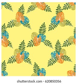 Tropical seamless pattern with palm leaves and monstera. Vector illustration. Summer background for printing on fabric, paper, stationery, upholstery, lining, textiles, bedding, decor