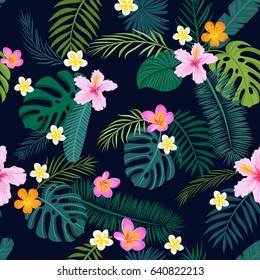 Tropical seamless pattern with palm leaves and flowers. Vector illustration