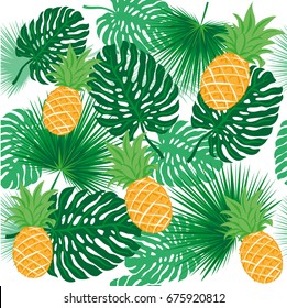 tropical seamless pattern with palm leaves and a pineapple