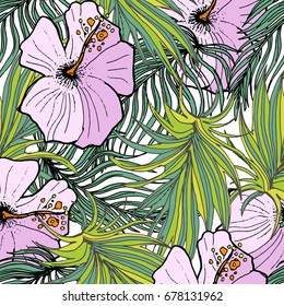 Tropical Seamless Pattern With Palm  Leaves And Tropical Flowers. Exotic Background  For Textile Or Book Covers, Manufacturing, Wallpapers, Print, Gift Wrap And Scrapbooking. Hand Drawn Illustration.