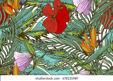 Tropical Seamless Pattern With Palm  Leaves And Tropical Flowers. Exotic Background  For Textile Or Book Covers, Manufacturing, Wallpapers, Print, Gift Wrap And Scrapbooking. Hand Drawn Illustration.