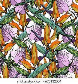 Tropical Seamless Pattern With Palm  Leaves And Tropical Flowers. Exotic Background  For Textile Or Book Covers, Manufacturing, Wallpapers, Print, Gift Wrap And Scrapbooking. Hand Drawn Illustration.