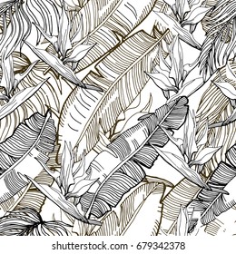 Tropical Seamless Pattern With Palm  Leaves, And Flowers. Hawaiian Background  For Textile Or Book Covers, Manufacturing, Wallpapers, Print, Gift Wrap. Hand Drawn Monochrome Illustration.