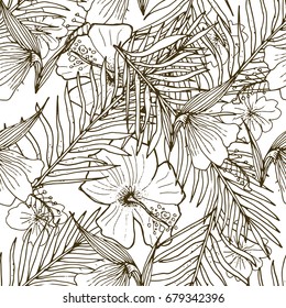 Tropical Seamless Pattern With Palm  Leaves, And Flowers. Hawaiian Background  For Textile Or Book Covers, Manufacturing, Wallpapers, Print, Gift Wrap. Hand Drawn Monochrome Illustration.