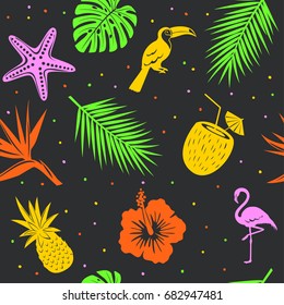 tropical seamless pattern with palm leaves seashell coconut  flamingo, toucan pineapple on black background