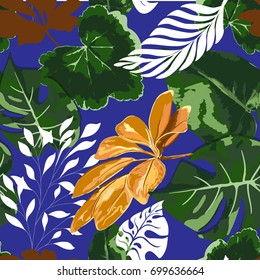 Tropical seamless pattern with palm leaves on blue background. Vector illustration.