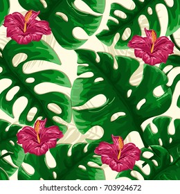 Tropical seamless pattern with palm leaves and pink tropical flowers on beige background. Vector hand drawn detailed illustration.
