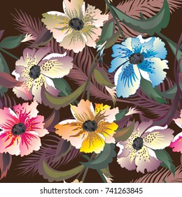 Tropical seamless pattern with palm leaves and flowers. Vector illustration