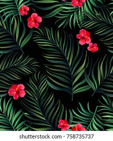 Tropical seamless pattern with palm leaves and flowers. Vector illustration
