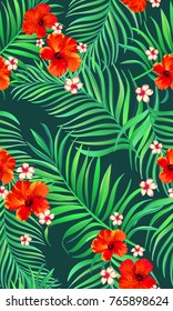 Tropical seamless pattern with palm leaves and flowers. Vector illustration. - stock vector