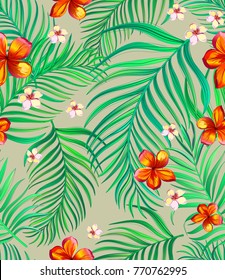 	
Tropical seamless pattern with palm leaves and flowers. Vector illustration. - stock vector