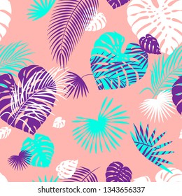 Tropical seamless pattern with palm and monstera leaves. Exotic background. Summer textile print 