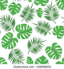 Tropical seamless pattern with palm and monstera leaves. Design element for fabric, textile, wallpaper, scrapbooking or others. Vector illustration.