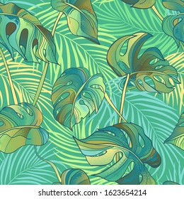 Tropical seamless pattern with palm and monstera leaves. Summer textile print
