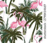 Tropical seamless pattern. Palm tree and flamingos. Vector illustration. Summer background